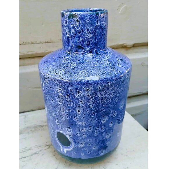 Peacock Blue Fat Lava Moon Glazed Ceramic Faiancas Ramos Vase - Picture 2 of 10